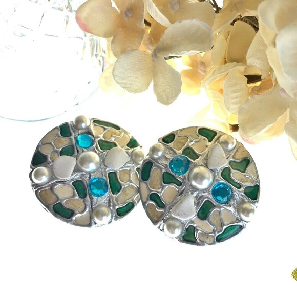 Vtg LA RAGE Mosaic Earrings Circles Gems Statement - Picture 9 of 9